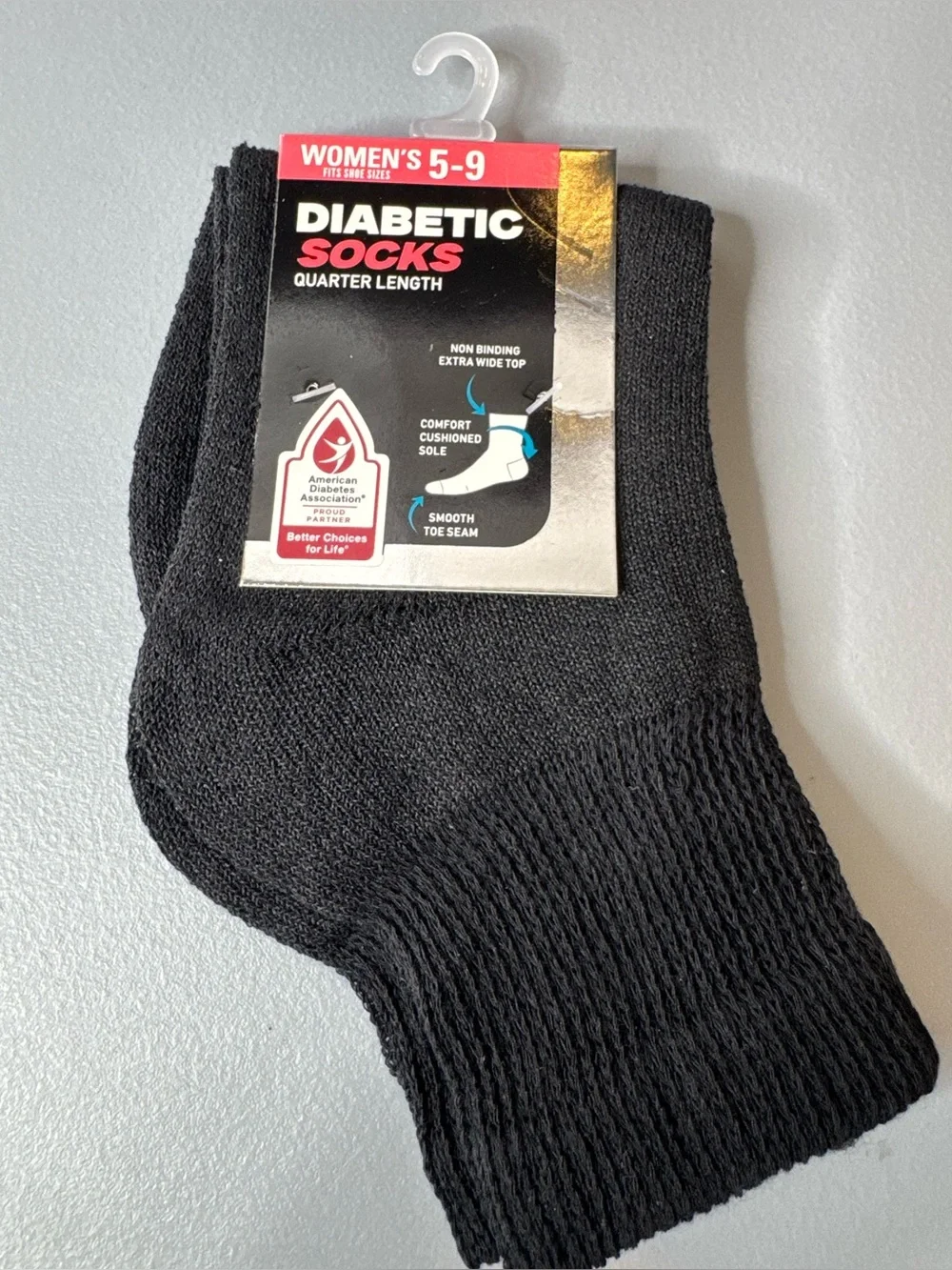 Diabetic Quarter Length Socks for Women - Black extra wide top part stretch